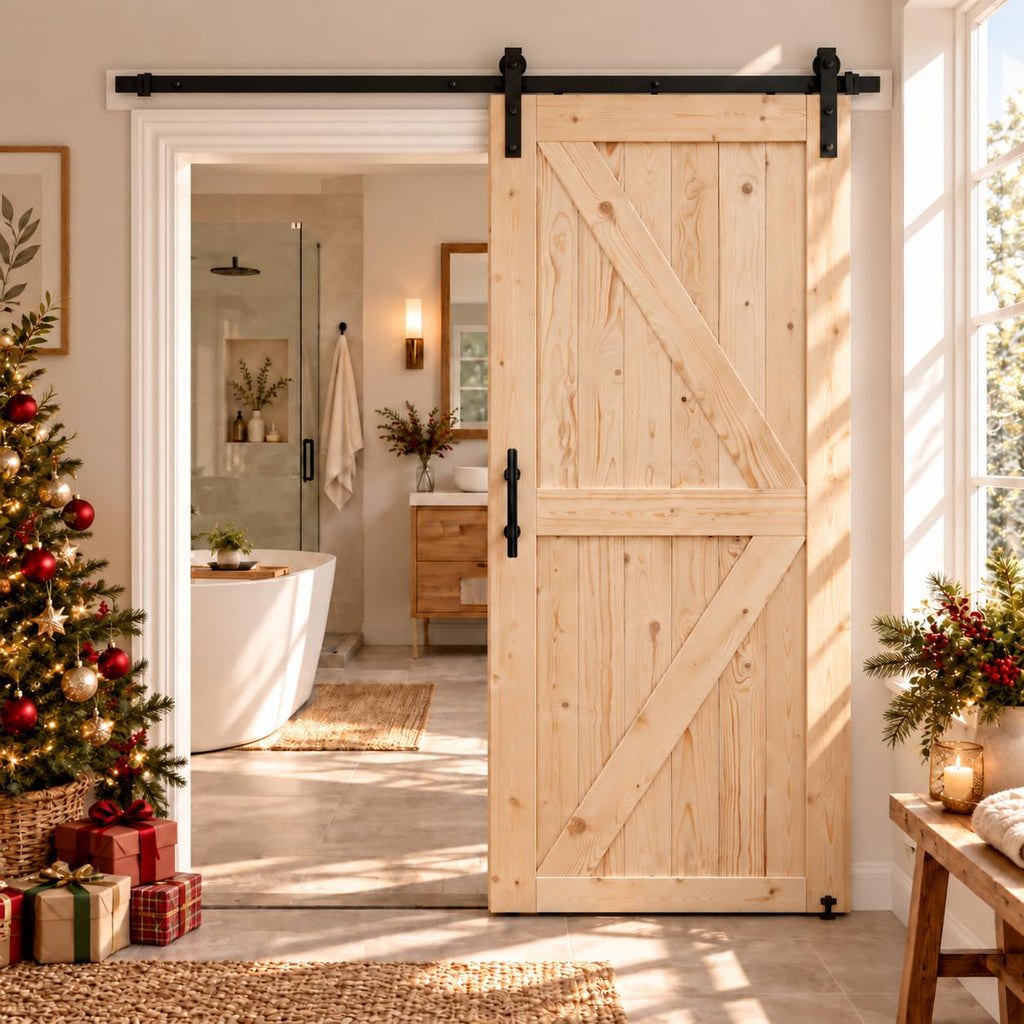 36in x 80in Unfinished British Brace Knotty Barn Door with Sliding Door Hardware Kit/Solid Wood/Sliding/Double