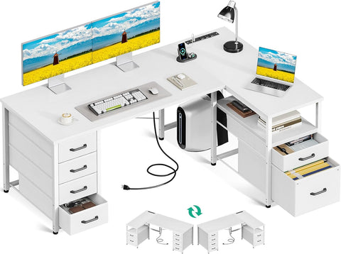 L Shaped Computer Desk with 6 Drawers & Power Outlet, 55 Inch Corner Desk with Reversible Storage Shelf & File Drawer