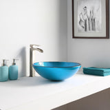 Accent Modern Tempered Glass Vessel Bowl Sink in Blue Ice, Aqua Top Mount Bathroom sinks above Counter
