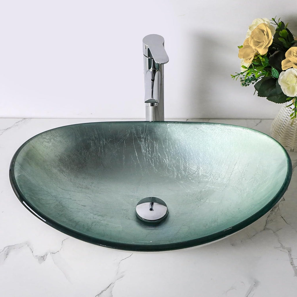 Sarlai Bathroom Vessel Sink Modern Artistic Tempered Glass Basin Countertop Bowl Sink for Lavatory Vanity Cabinet