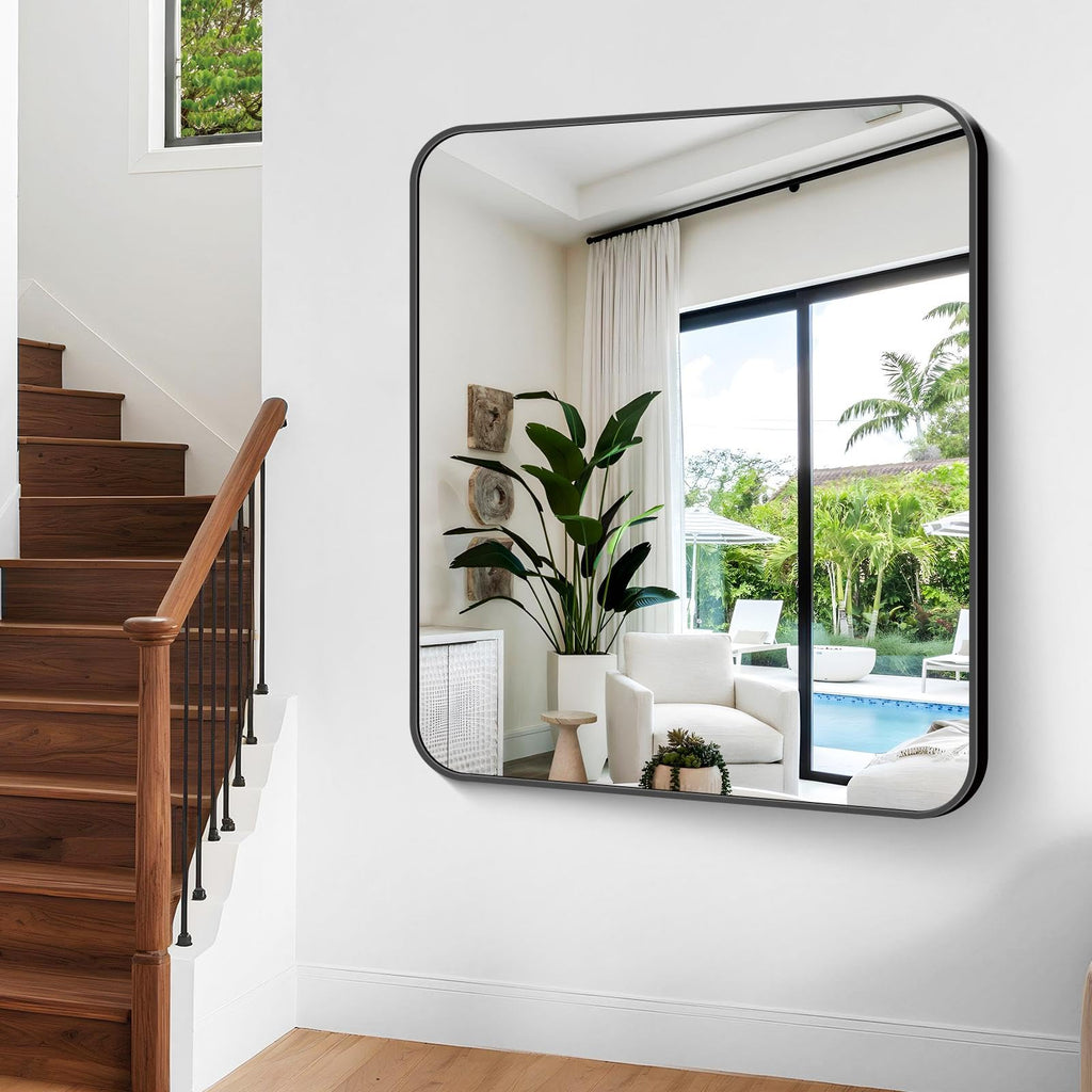 Bathroom Mirror, 48 x 40 inch Black Rectangle Wall Mirror, Metal Frame Rectangular Vanity Mirror, Rounded Corner Wall