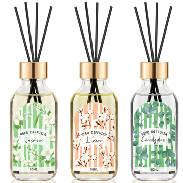 Reed Diffuser of 3 Pack, Linen Eucalyptus Jasmine Oil Diffuser Set with 15 Sticks, Bathroom Air Freshener