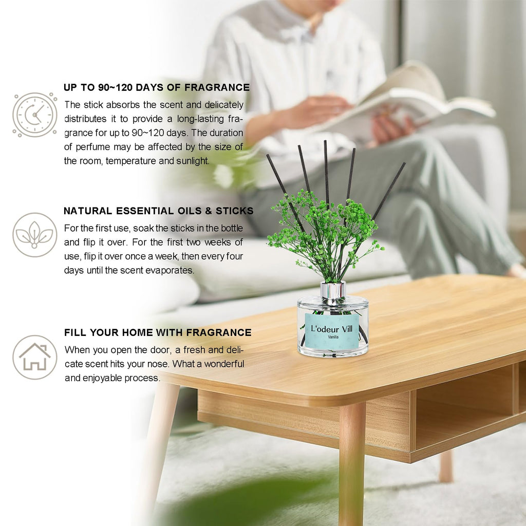 Vill Reed Diffuser Set, 6.7 oz(200ml) Vanilla Scented Diffuser with 6 Oil Diffuser Sticks, Home Fragrance Essential