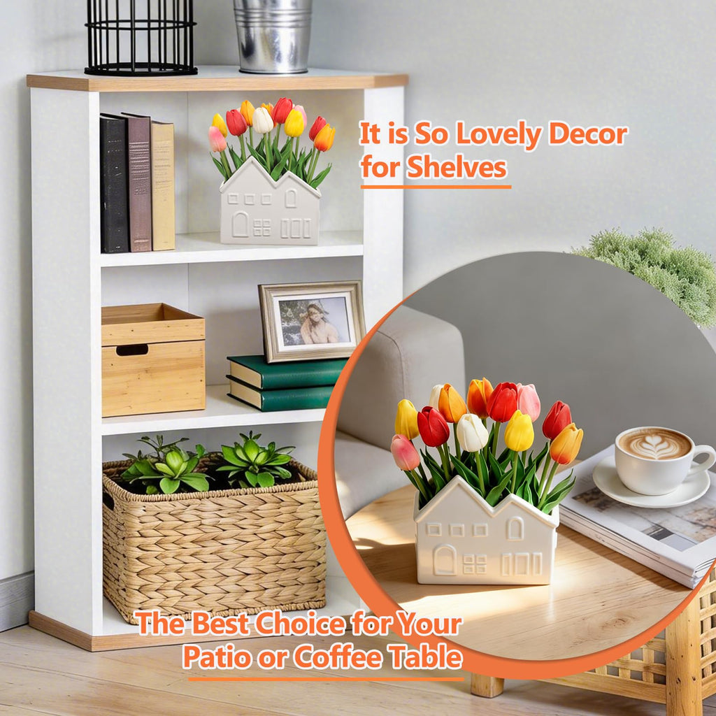 Artificial Tulips Flowers in Ceramic Pot, Real Touch Fake Tulips PU Flower Arrangement, Faux Tulips Potted for Dining