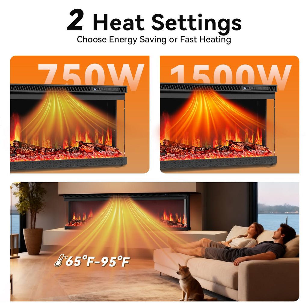 72-inch 3-Sided Wall Mount Electric Fireplace, Recessed & Built-in Design with Wi-Fi/Remote, 1500W Heater, 12 Flame