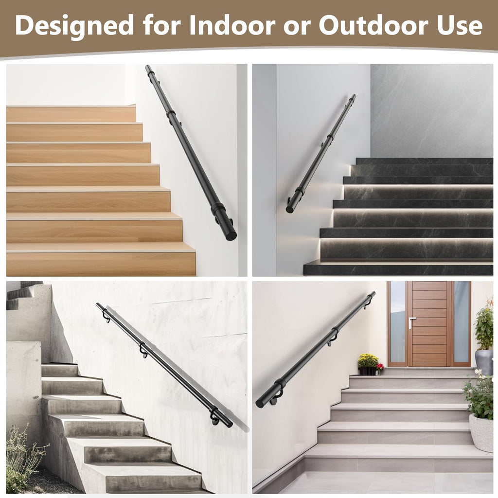 Stair Railing Indoor 8 Feet Hand Rails for Indoor/Outdoor Steps 1.5" Round Porch Railing Wall Mount Aluminum Hand