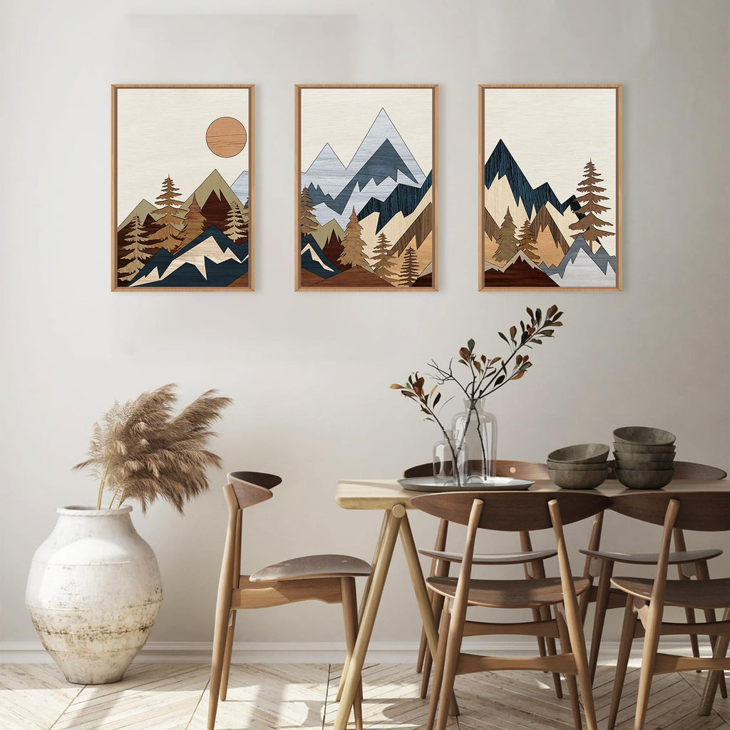 Mid Century Woodcut Mountain Woodland Framed Wall Art Set- 16"x24"x3