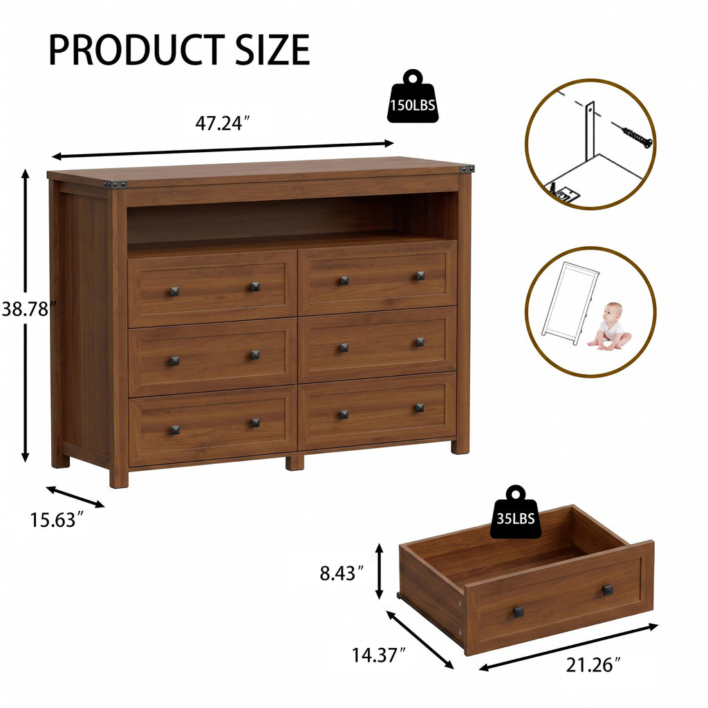 Dresser with 6 Drawers, LED Lights, Power Outlet, Walnut