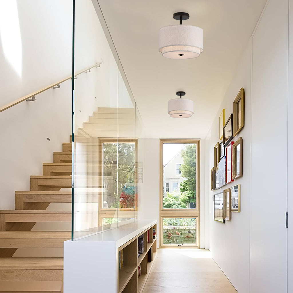 12.6inch Flush Mount Ceiling Light Fixture, 3-Light Modern Close to Ceiling Light with 2-Layer Linen Fabric