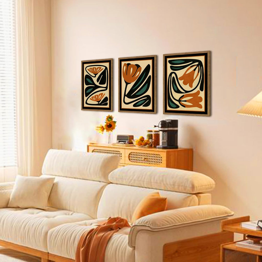 Mid Century Floral Wall Art Set of 3, Modern Abstract Botanical Wall Decor Picture, Vintage Boho Eclectic Plant