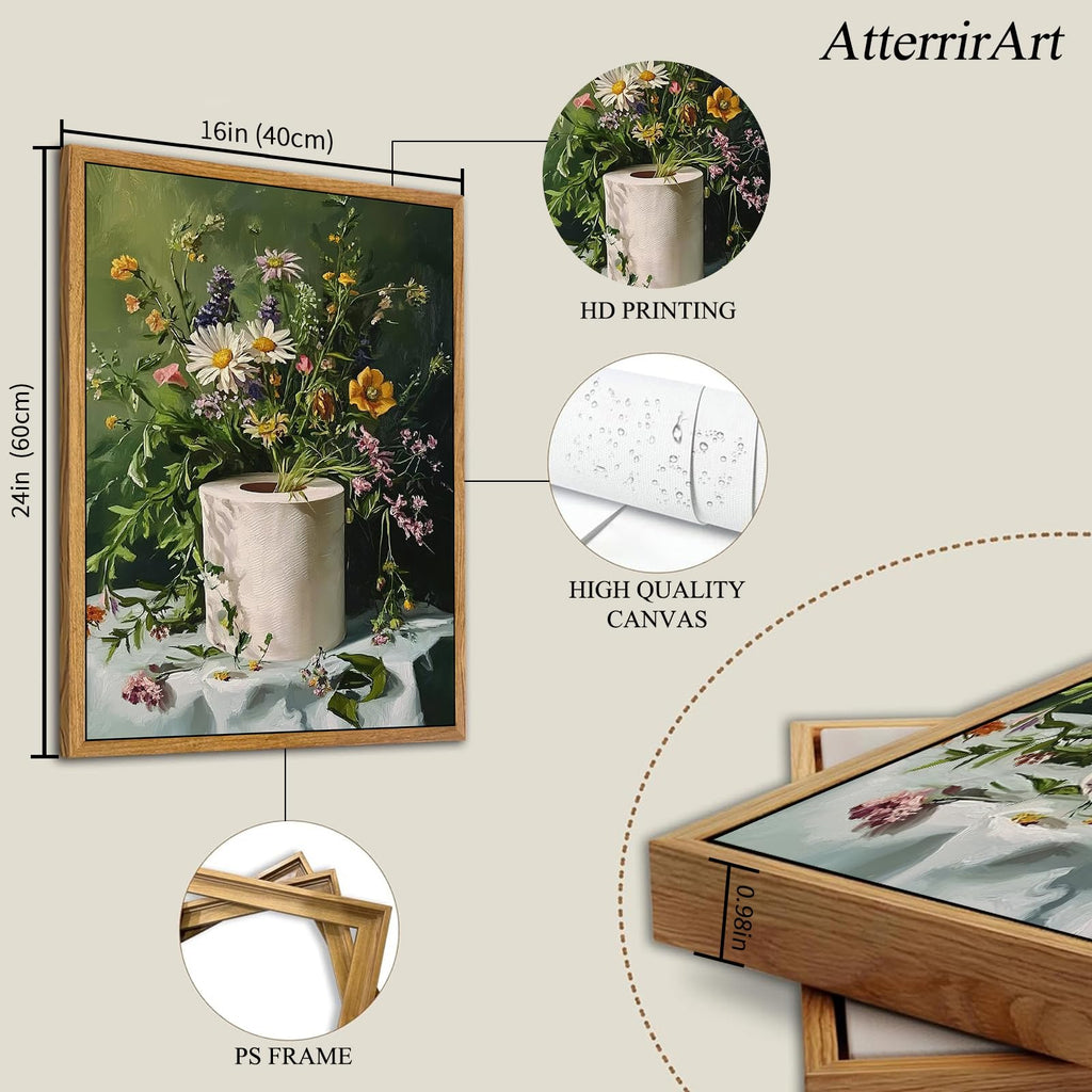 Framed Funny Bathroom Wall Art, 16 * 24 Inches, Toilet Paper Floral Wall Decor, Vintage Botanical Canvas Print