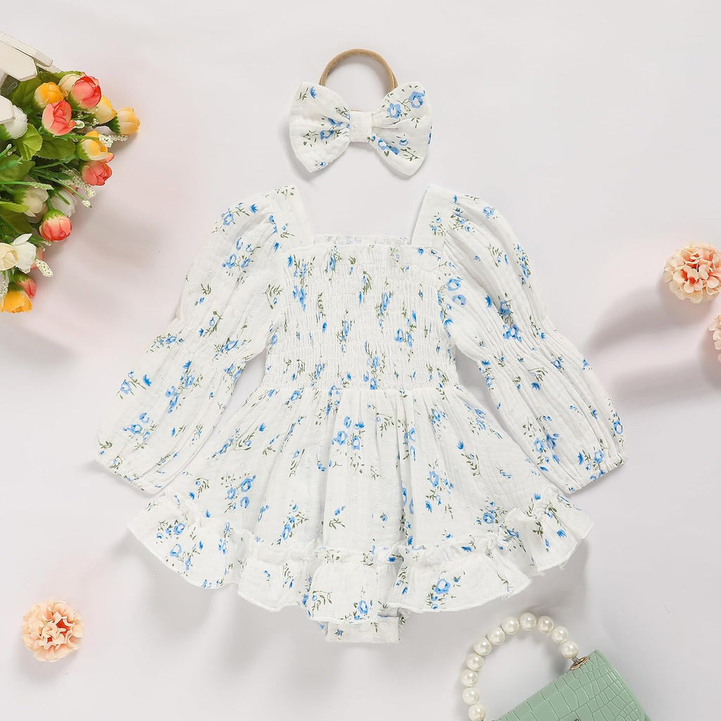 Baby Girl Romper Dress Smocked Long Sleeve Jumpsuit & Headband for Infants