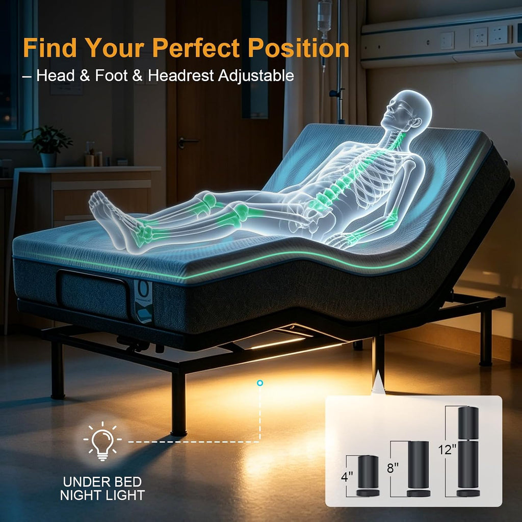 Queen Adjustable Bed Frame with Mattress Head and Foot Lift & Head-Pillow-Tilt, Electric Bed Base with Under-Bed LED