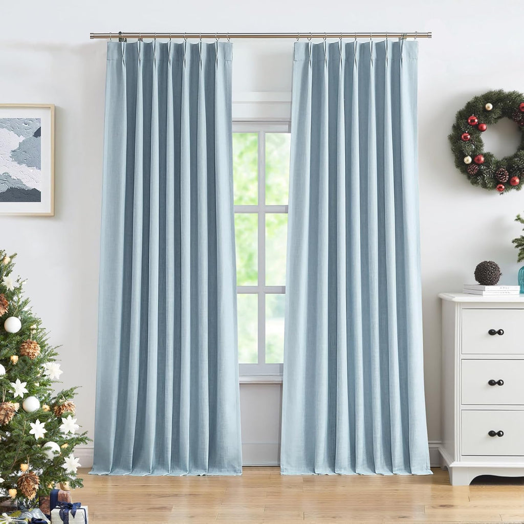 Dusty Blue Pinch Pleated Full Blackout Curtains Linen Texture Thermal Insulated Window Treatment Panel 84 Inch for Living Room Bedroom Noise Reducing Back Tab Drapes with Hooks, 2 Panel, 40"Wx84"L