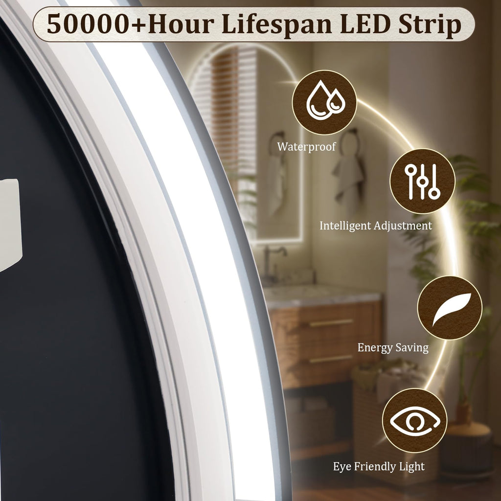 48x30 LED Arch Bathroom Mirror with Lights, Backlit + Front Lit