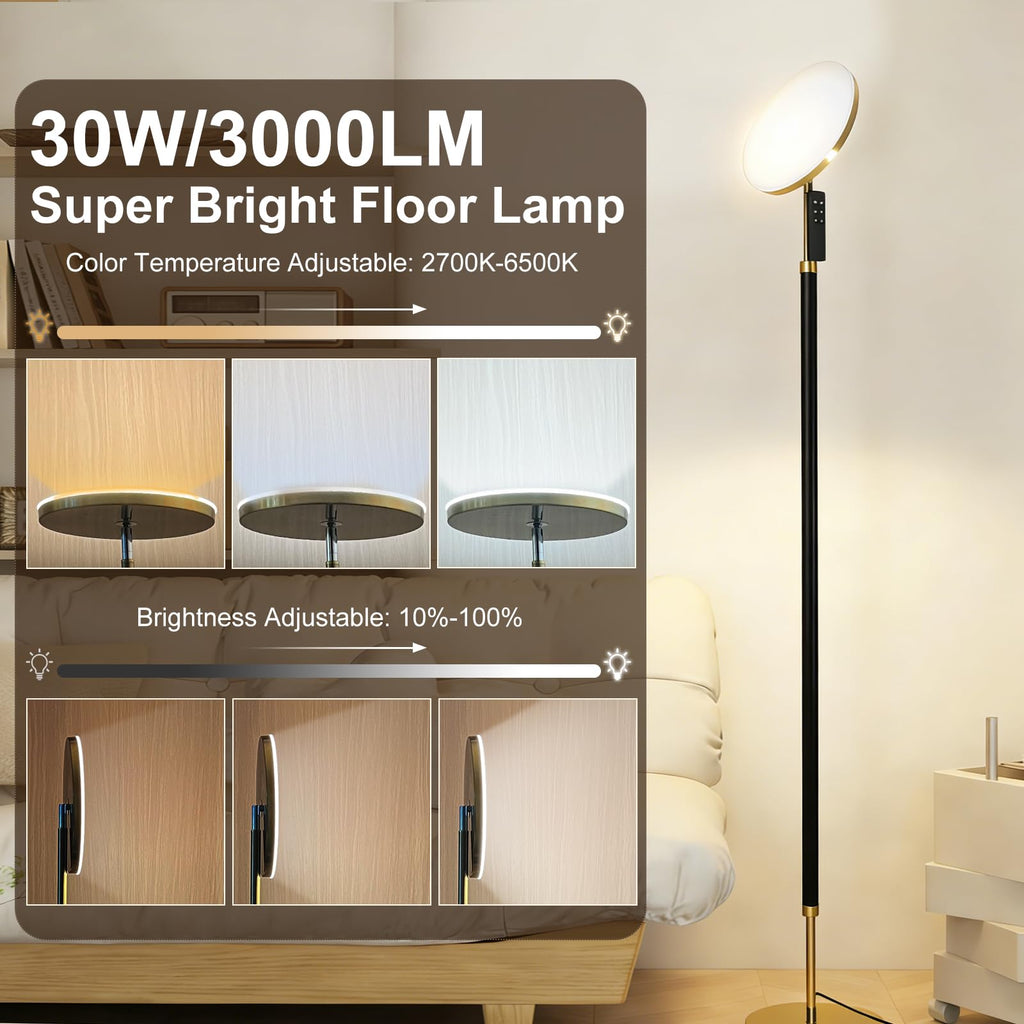Solid Wood LED Torchiere Floor Lamp, 69" 3 Color Temp Dimmable with Remote