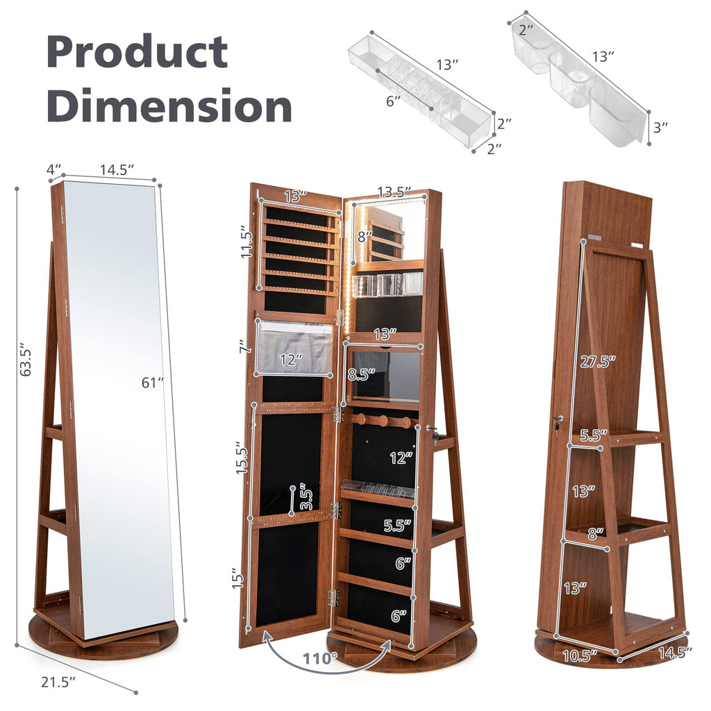 360° Rotating Mirror Jewelry Armoire, Freestanding Jewelry Organizer w/ 3-Color LED Lights, Full-length Mirror