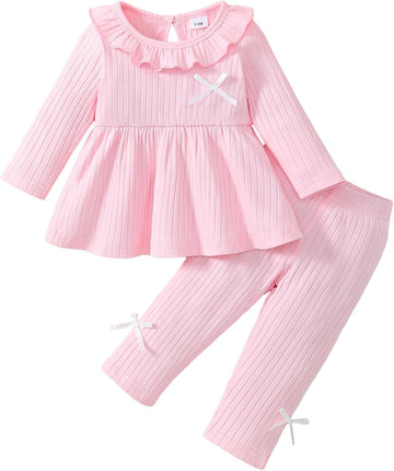 2 Piece Baby Girl Clothes Set Infant Ribbed Ruffle Top Bow Pants