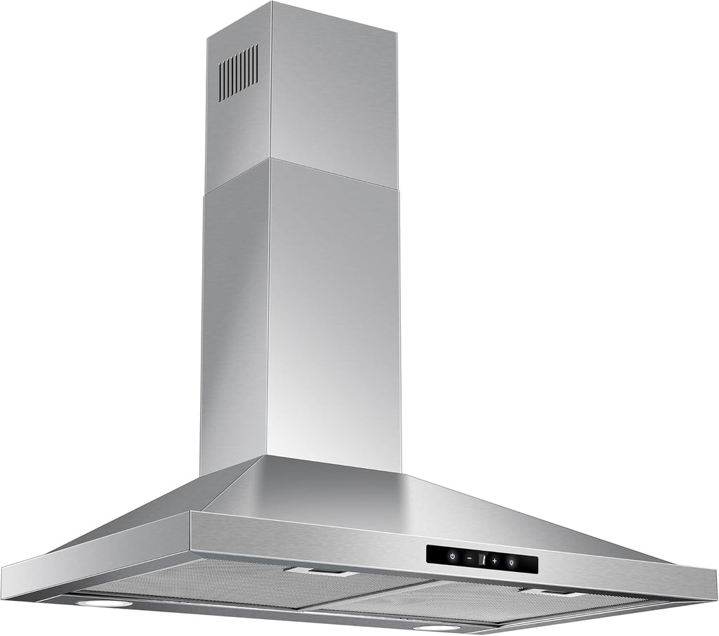 30 Inch Stainless Steel Wall Mount Range Hood 450 CFM 3 Speed Touch Control, LED Lights, Aluminum Filters, Convertible Ducted/Ductless