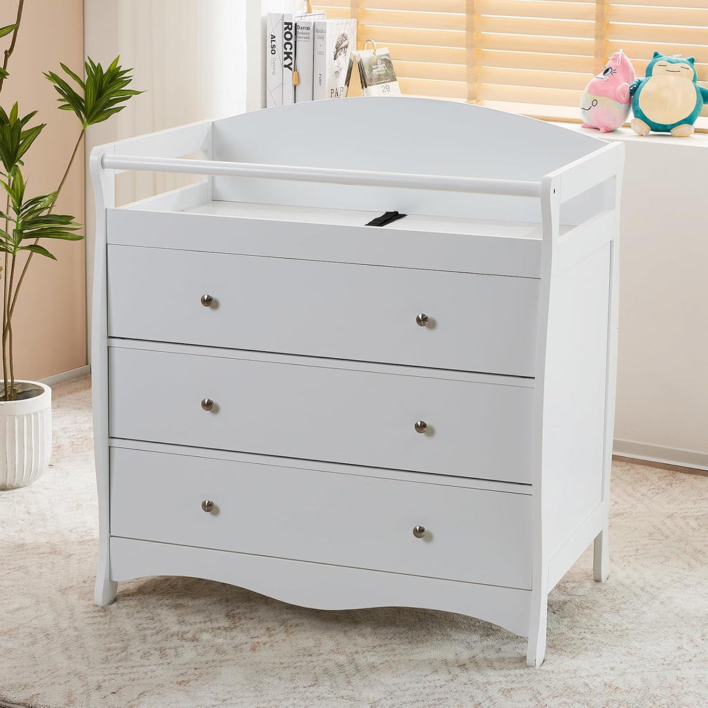 Changing Table Dresser Baby Diaper Changing Station, White | Infant Nursing Table with 3 Drawers, Safety Rail & Strap