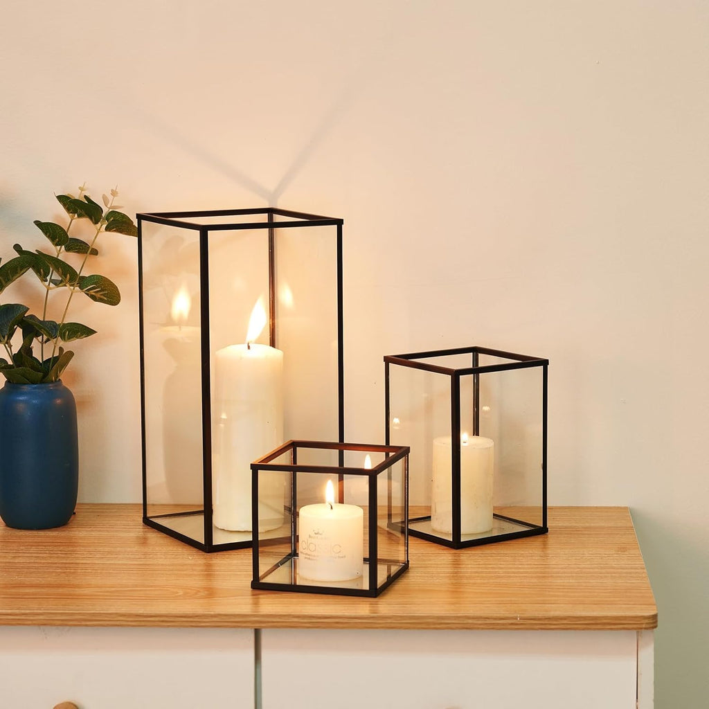 Glass Hurricane Candle Holder Set of 3 PCS Black Hurricane Candleholders for Wedding Party Holiday Birthday Home