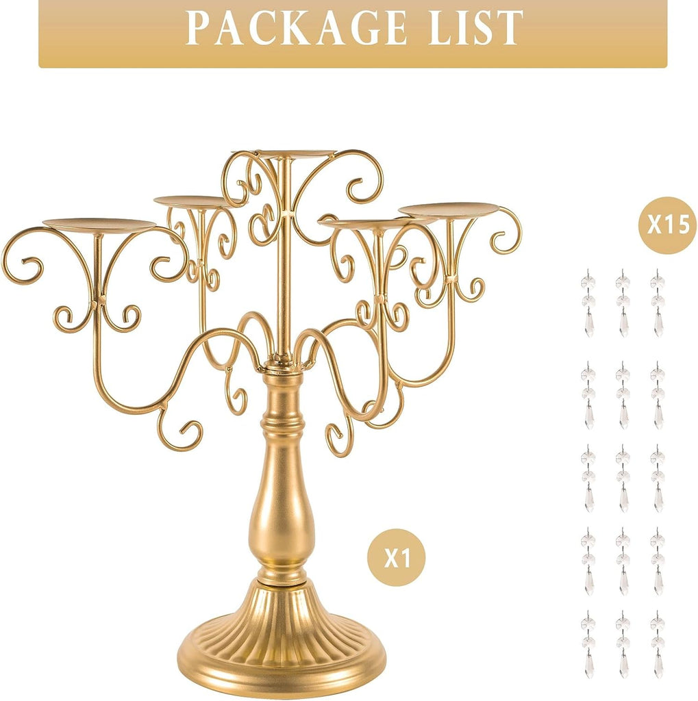 15.3in Gold Candelabra Centerpieces for Tables, 5 Arm Crystal Candelabra for Pillar Candles, Metal Candelabra Candle
