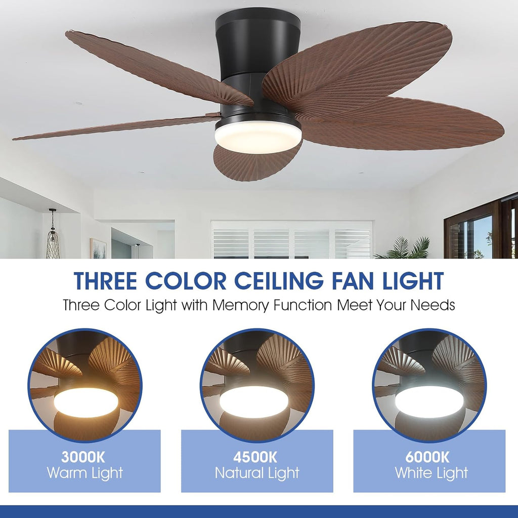 Palm Leaf Ceiling Fans with Lights-42 Tropical Ceiling Fan with Light and Remote/APP Control,Flush Mount Low Profile Ceiling Fans for Bedroom,Indoor/Outdoor Patio Use(Brown) A101-B0DLVRN4HL