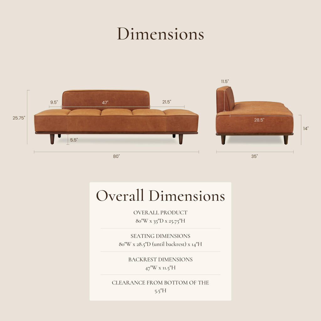 Jasper Daybed - Cognac Tan - Full-Grain Pure-Aniline Leather Upholstery - Walnut-Stained Ash Wood Frame, 6.6 Feet