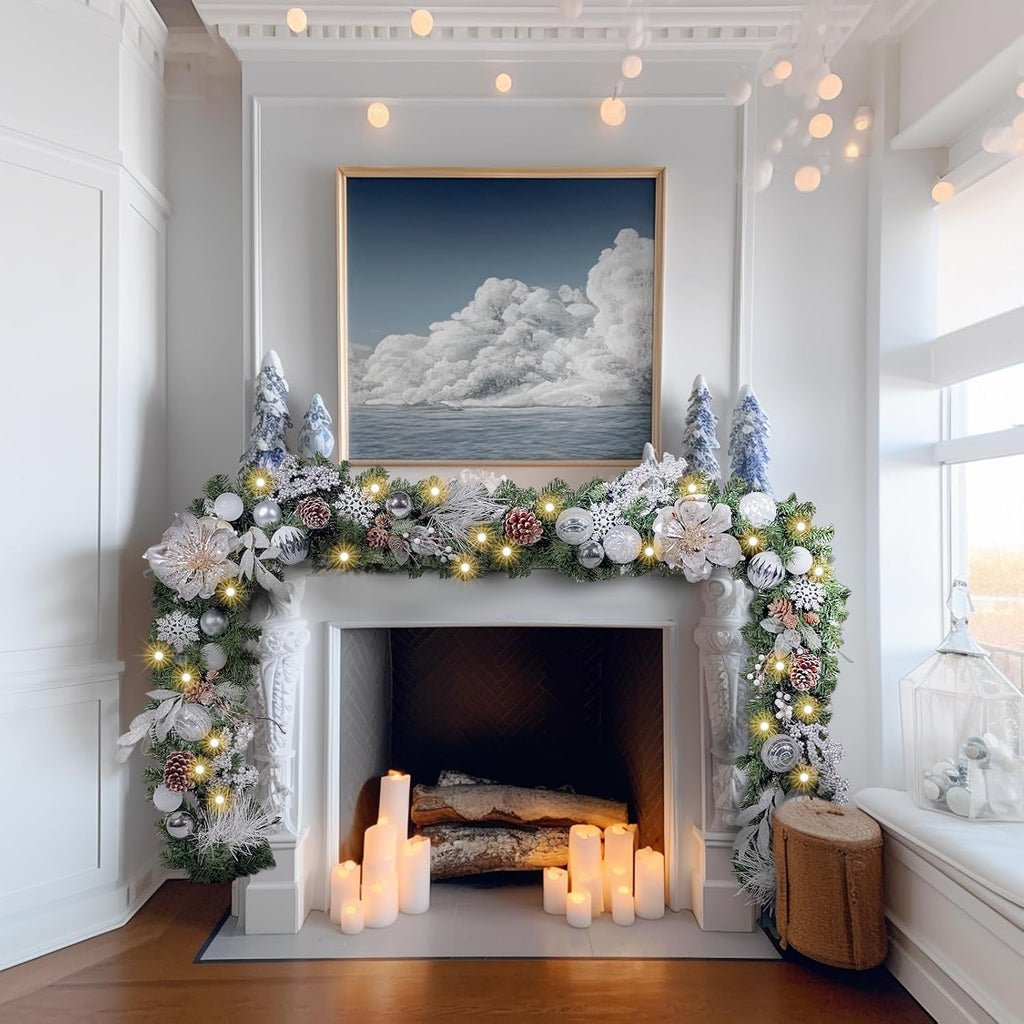 Pre-lit 9 Feet/108 Inch Christmas Garland, White & Silver Lighted Garland with 50 LED Lights for Indoor Outdoor Xmas