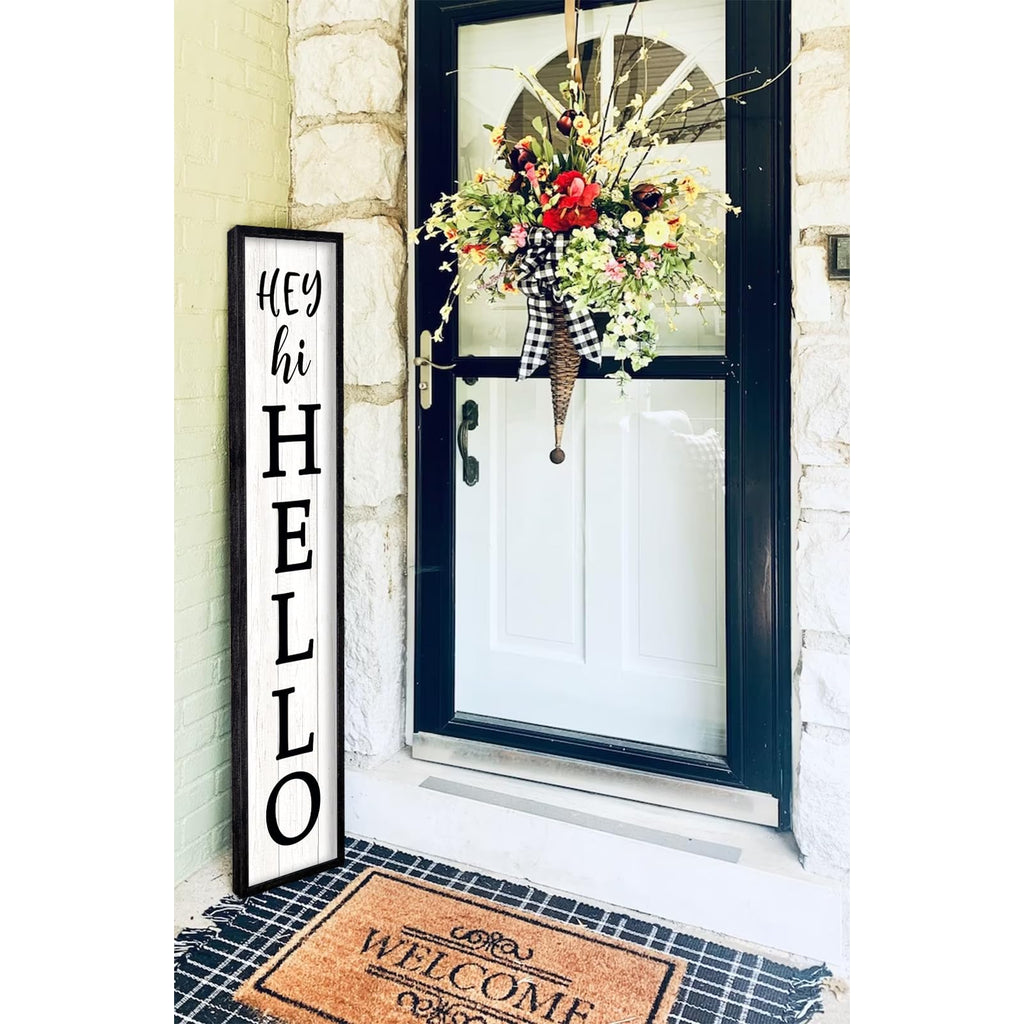 Hey Hi Hello Welcome Sign For Front Porch Standing 45"X9" Large Outdoor Tall Wood Frame Vertical Wall Decor Rustic