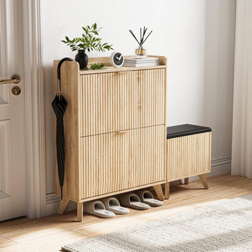 Shoe Cabinet with Bench, Fluted Entryway Shoe Storage with 2 Flip Drawers, Narrow Hidden Organizer, Adjustable Shelf