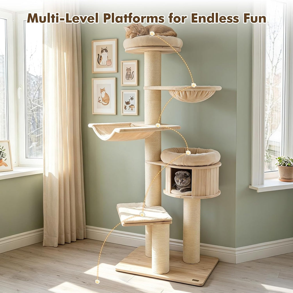 75.5-inch Tall Wooden Cat Tree, Multi-Level Modern Cat Tower, Beige