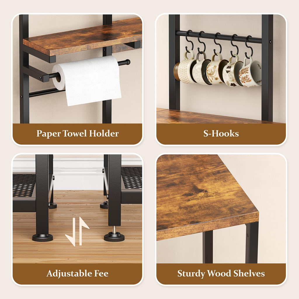 Bakers Rack with Side Table, 5-Tier Coffee Bar with Power Outlets