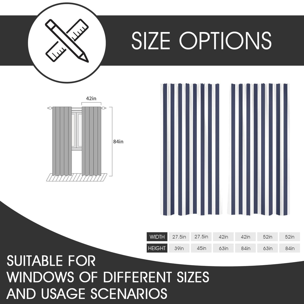Navy Blue White Striped Curtains 84 Inch Length, 2 Panel Vertical Stripe Farmhouse Drapes, Modern Room Darkening