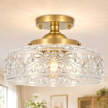 Gold Semi Flush Mount Ceiling Light, 3-Light Close to Ceiling Light with Globe Glass, Vintage Hallway Lights, Brass