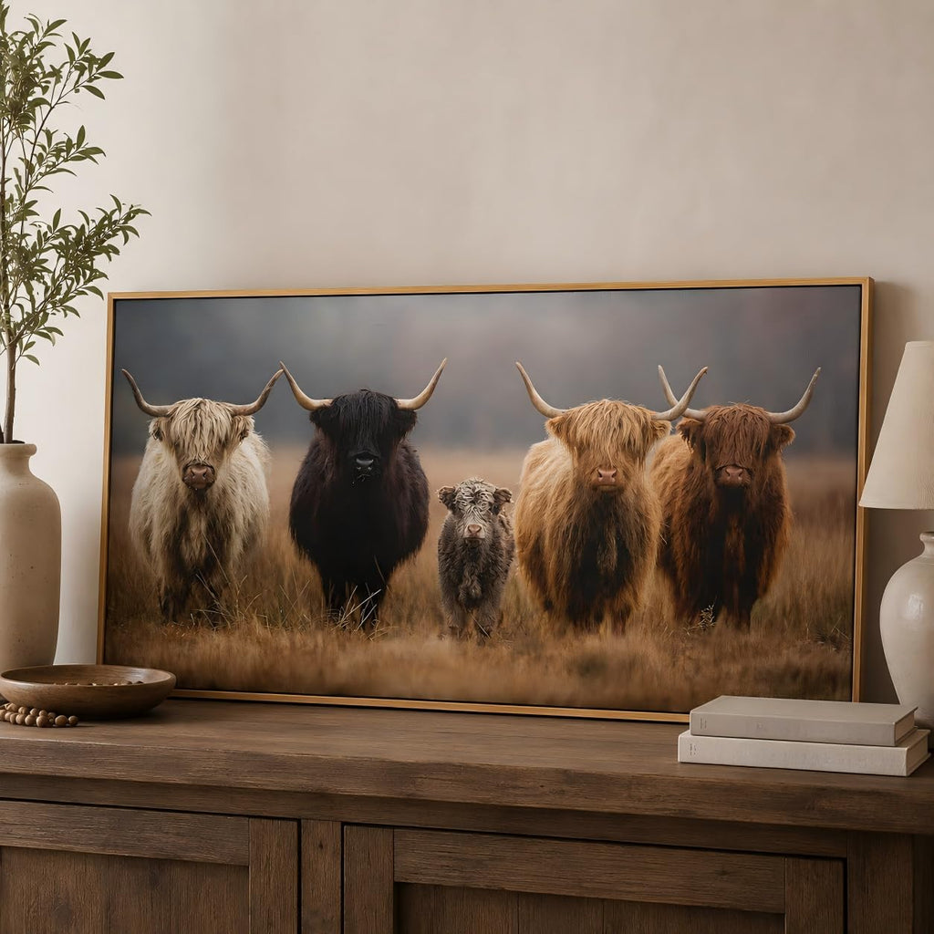 Framed Highland Cow Family Farmhouse Canvas Wall Art 16x32 Inch