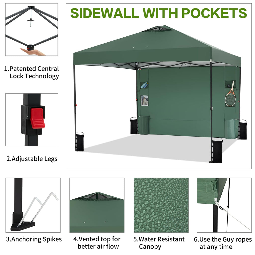 10x10 Pop Up Canopy Outdoor Tent with 1 Sidewall, One Push Setup