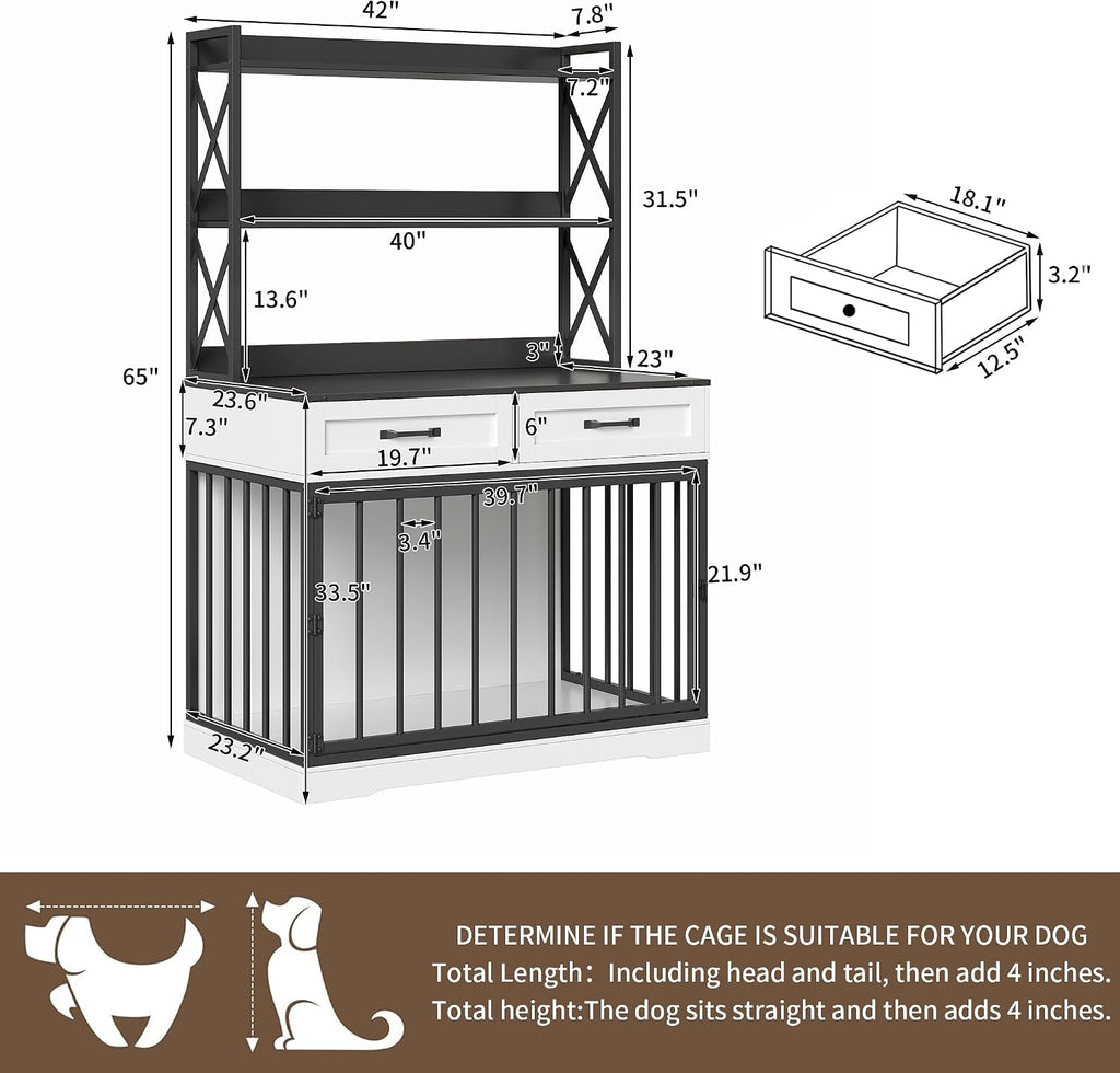42"×65.4"Dog Crate Furniture, Pet Cage with Storage Drawers & Shelves, Wooden Dog House Indoor. Modern White&Black