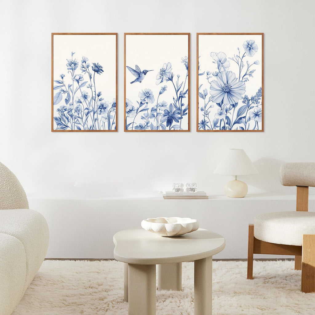 Vintage Blue Bird Flower Framed Canvas Wall Art, Large Chinoiserie Floral Wall Decor, Blue White Botanical Artwork Set