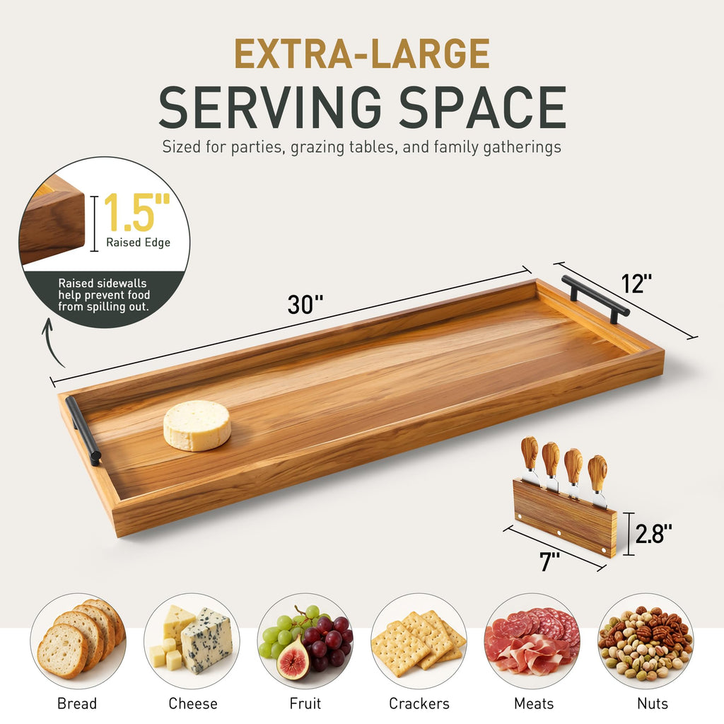 30 in Teak Big Charcuterie Board with 4-Piece Cheese Knife Set