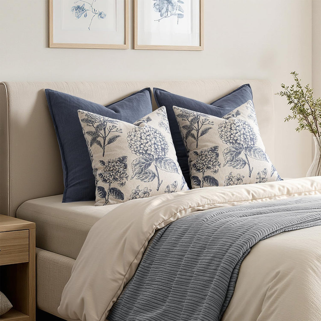 Set of 2 Decorative Floral Neutral Pillow Covers 18x18 Inch Light Blue Hydrangea Print Outdoor Boho Vintage Throw