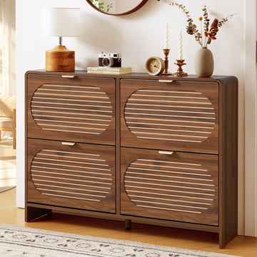 Narrow Shoe Storage Cabinet with 4 Flip Drawers, Curved Edge Shoe Cabinet with Arched Stripe Panel, Freestanding Wood