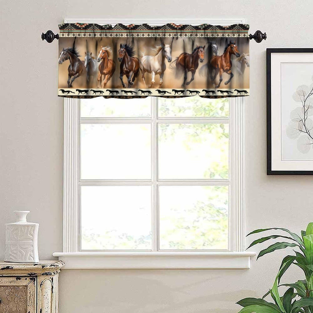 Aztec Horse Valance Curtains, Vintage Western Rustic Desert Navajo Horse Herd Running Window Short Panel Blackout