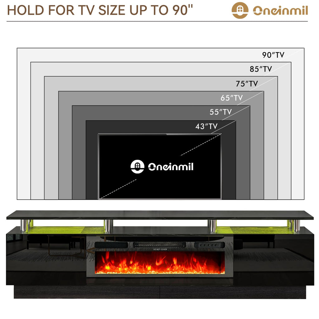 With 36" Electric Fireplace, 2 Tier TV Console Stand for TVs Up to 90"", LED Light Entertainment Center, Fireplace