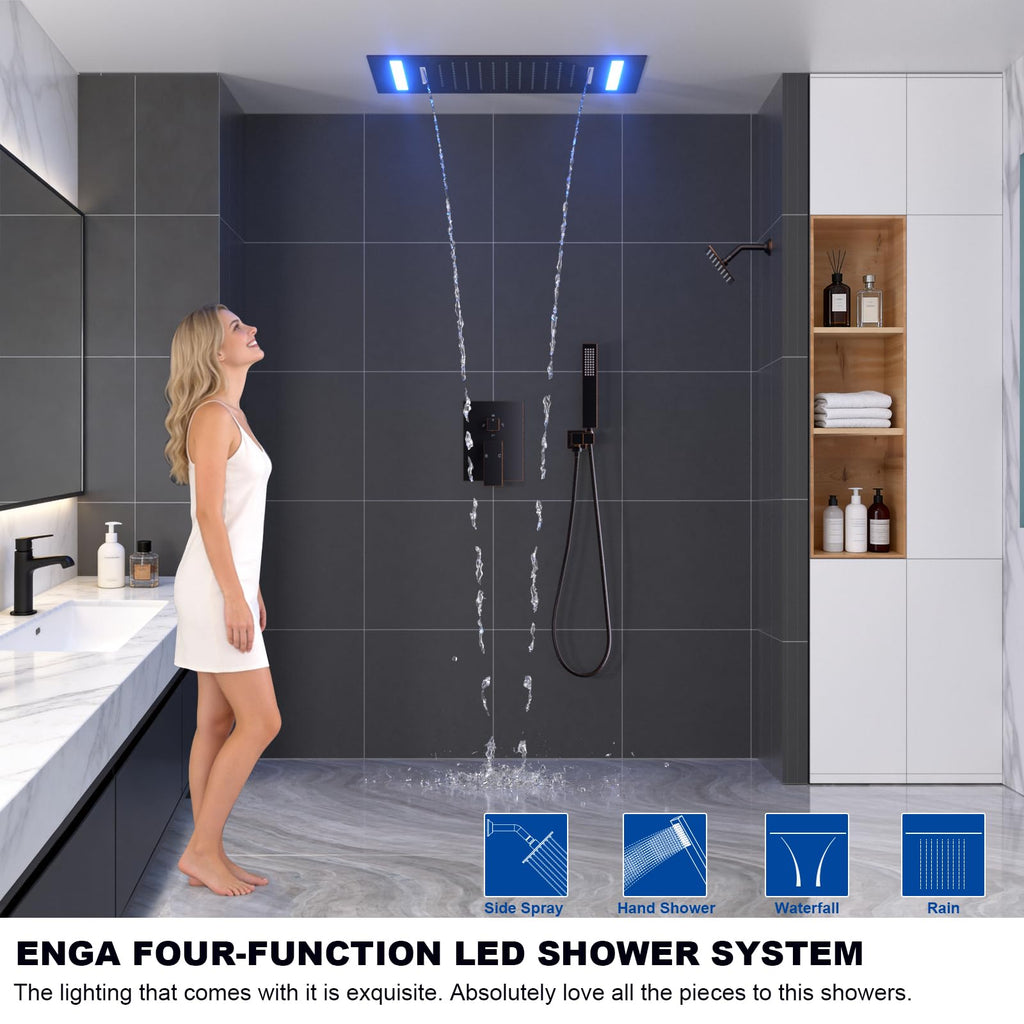 Oil Rubbed Bronze Dual Rain Shower Head System, 2 In 1 Functions Ceiling Mount 14x20inch LED Shower Head with 6 Inch