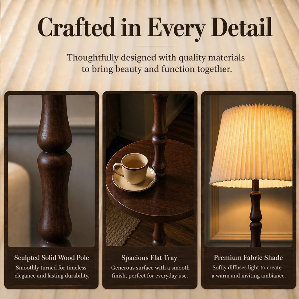 Real Wood Floor Lamp with Built-in Tray, Remote Control, Adjustable Brightness & 3 Color Temperatures, Dimmable