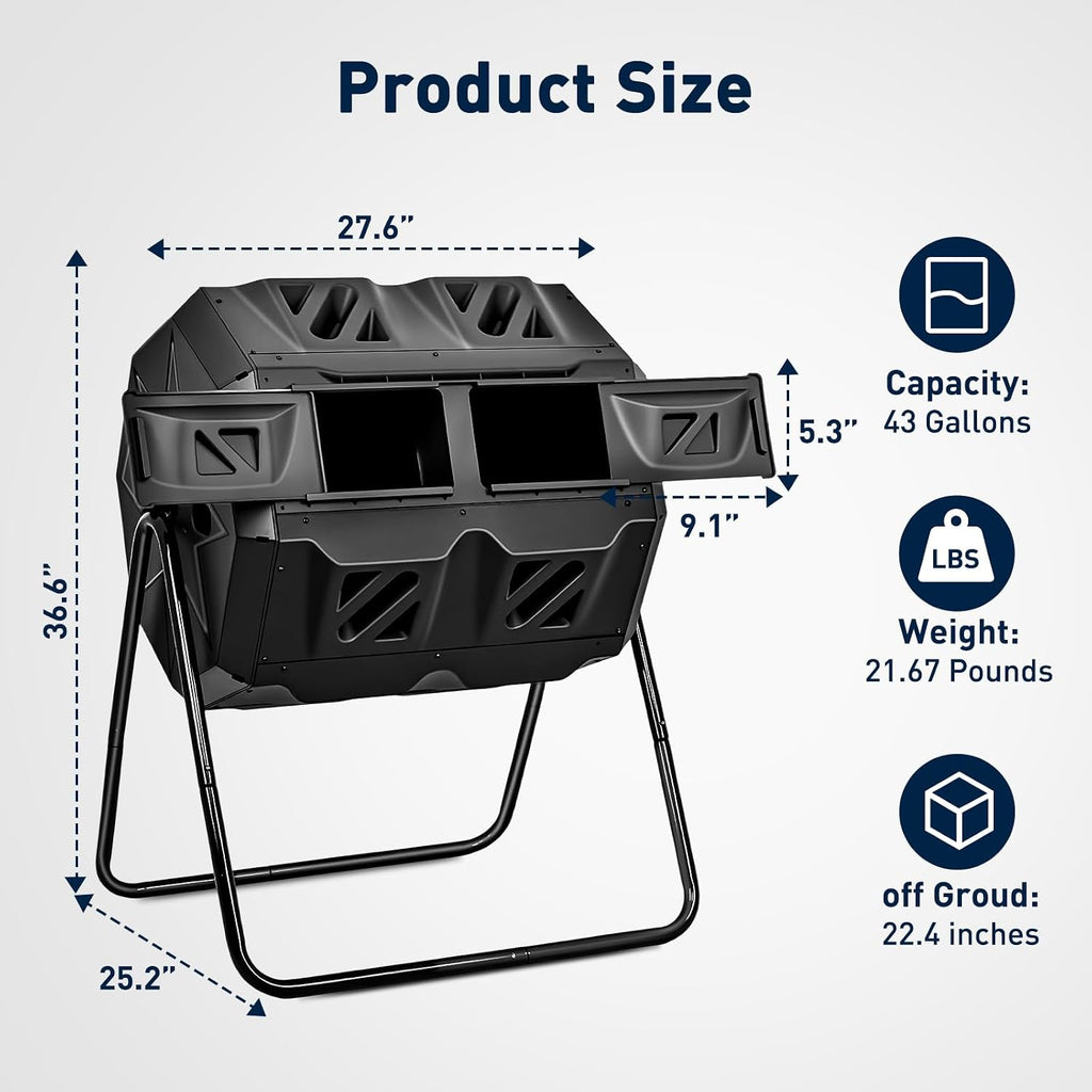 Dual Chamber Compost Bin Outdoor with Sliding Doors, 43 Gallon | 360° Rotating Tumbling Composter, Efficient