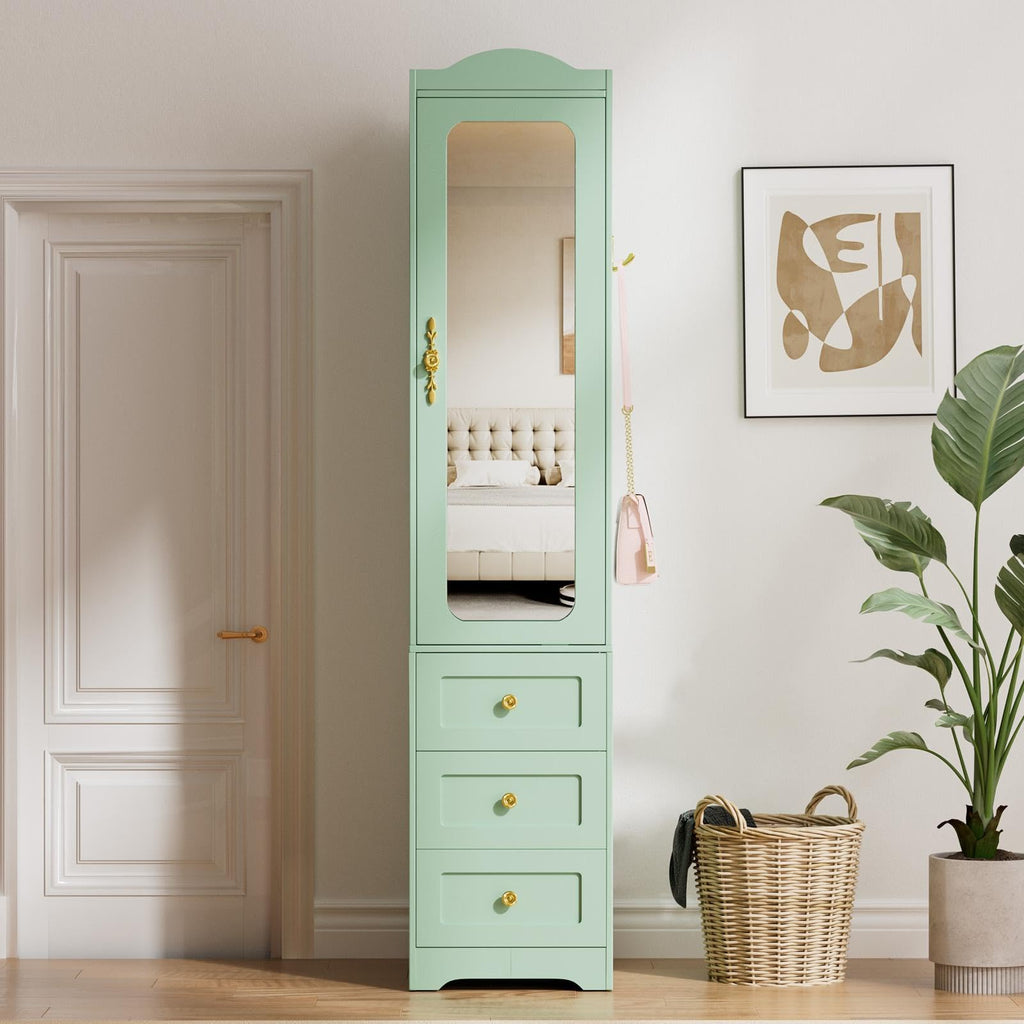 Armoire Wardrobe Closet, 69.5" H Wood Bedroom Armoires Cabinet with Mirror Door and 3 Drawers, Green Clothing Storage