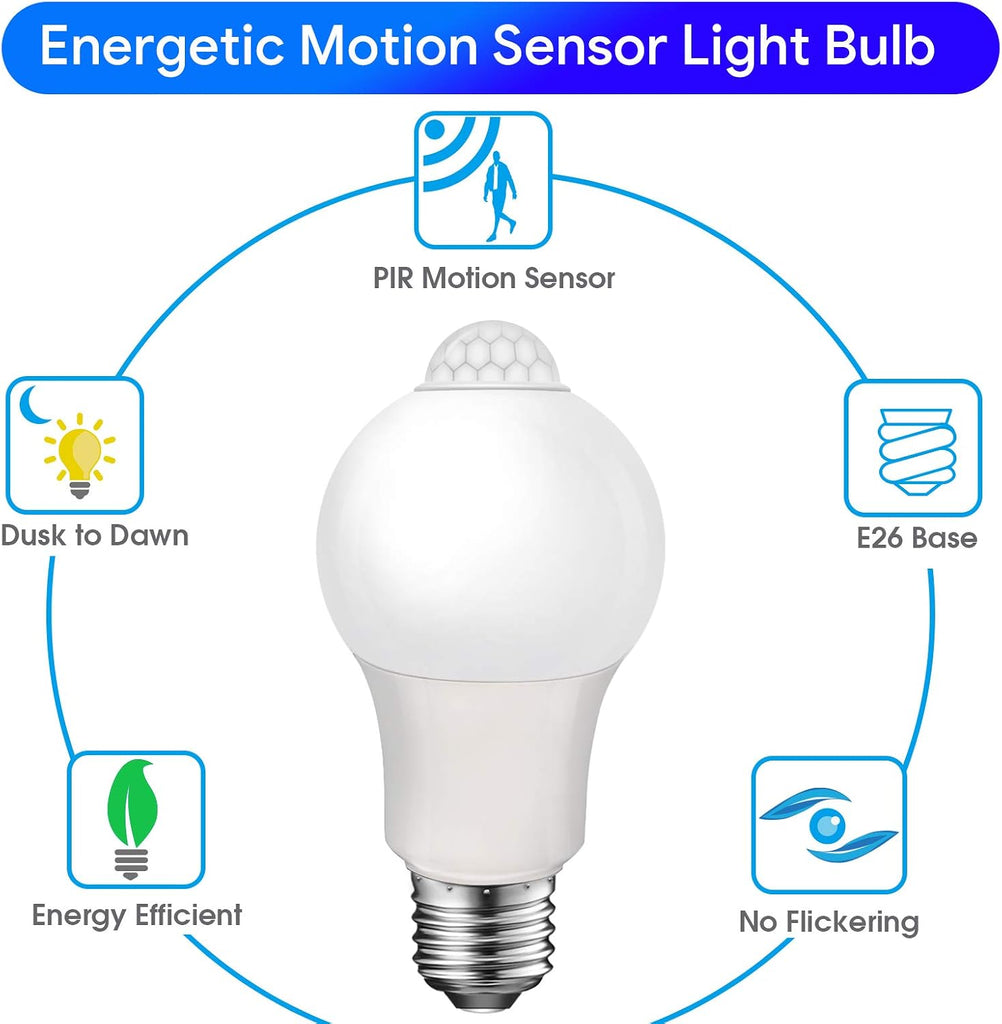 Energetic Motion Sensor Light Bulb, 8.5W (60 Watt Equivalent) E26 Motion Activated Dusk to Dawn Security Light Bulb