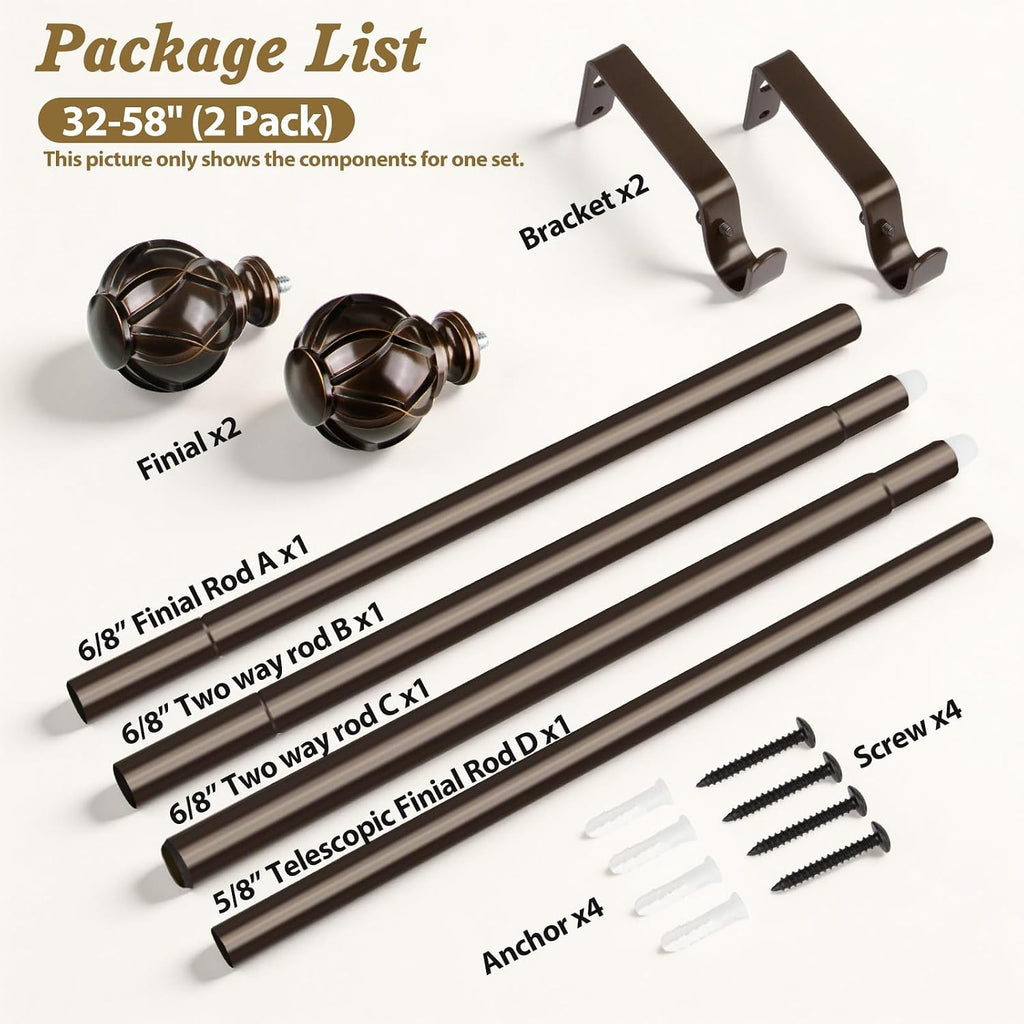 Curtain Rods for Windows 2 Pack, Bronze| 6/8" Diameter, 22lbs Weight Capacity, Decorative Adjustable